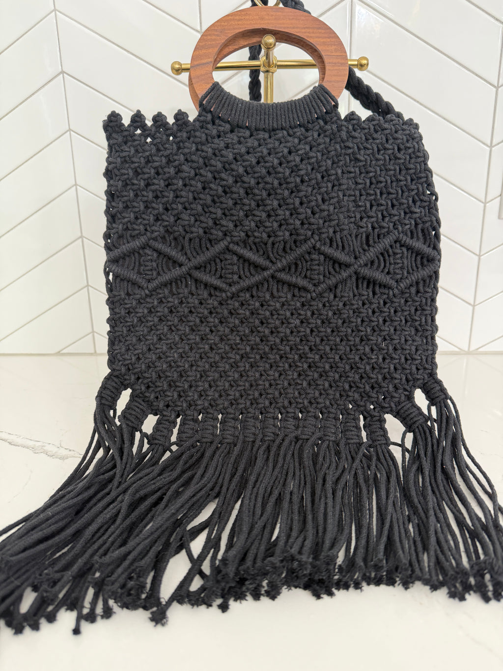 Danielle Nicole Black Macrame Crossbody with Wooden Ring Handle