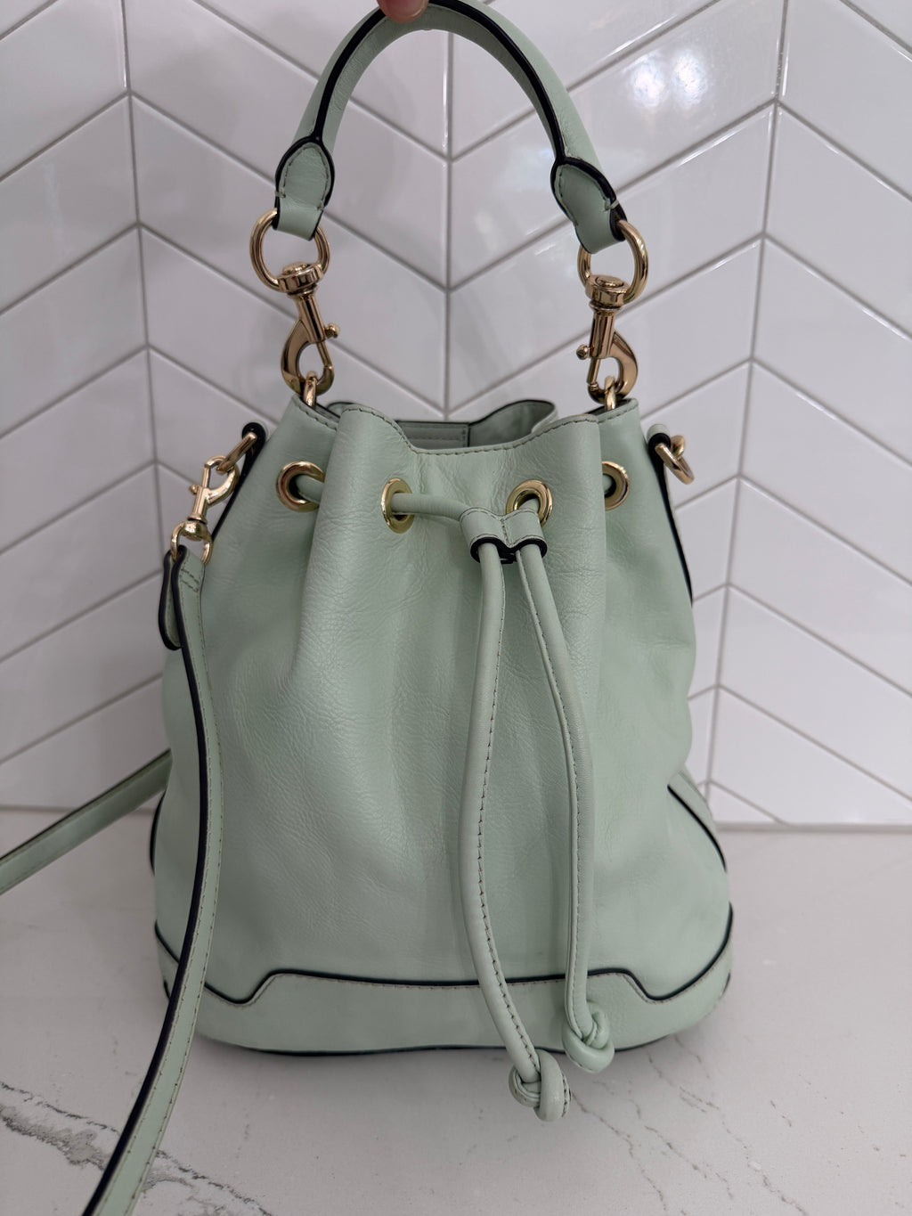 Rebecca Minkoff Pure Leather Women's Mint Green Leather Drawstring Bucket Bag