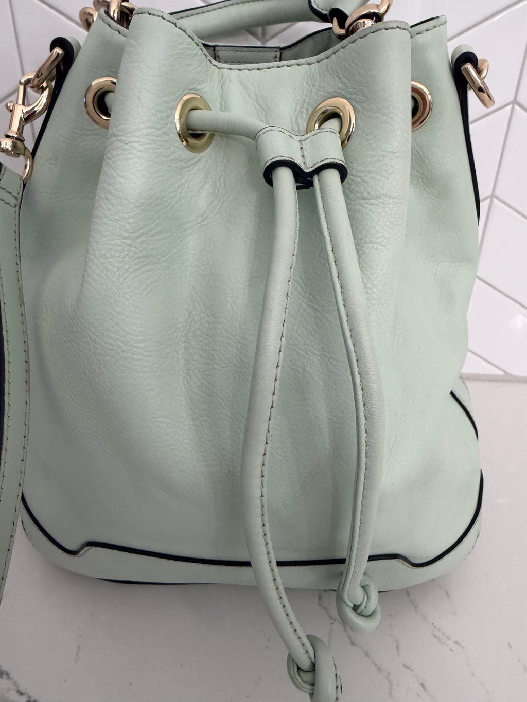 Rebecca Minkoff Pure Leather Women's Mint Green Leather Drawstring Bucket Bag