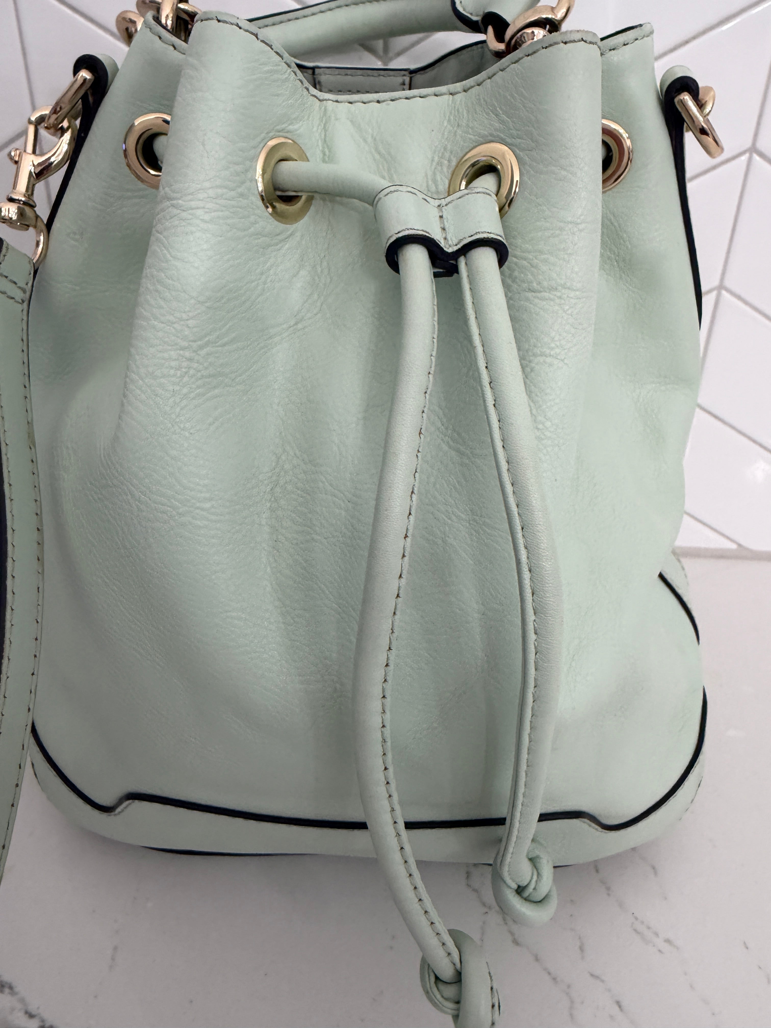 Rebecca Minkoff Pure Leather Women's Mint Green Leather Drawstring Bucket Bag