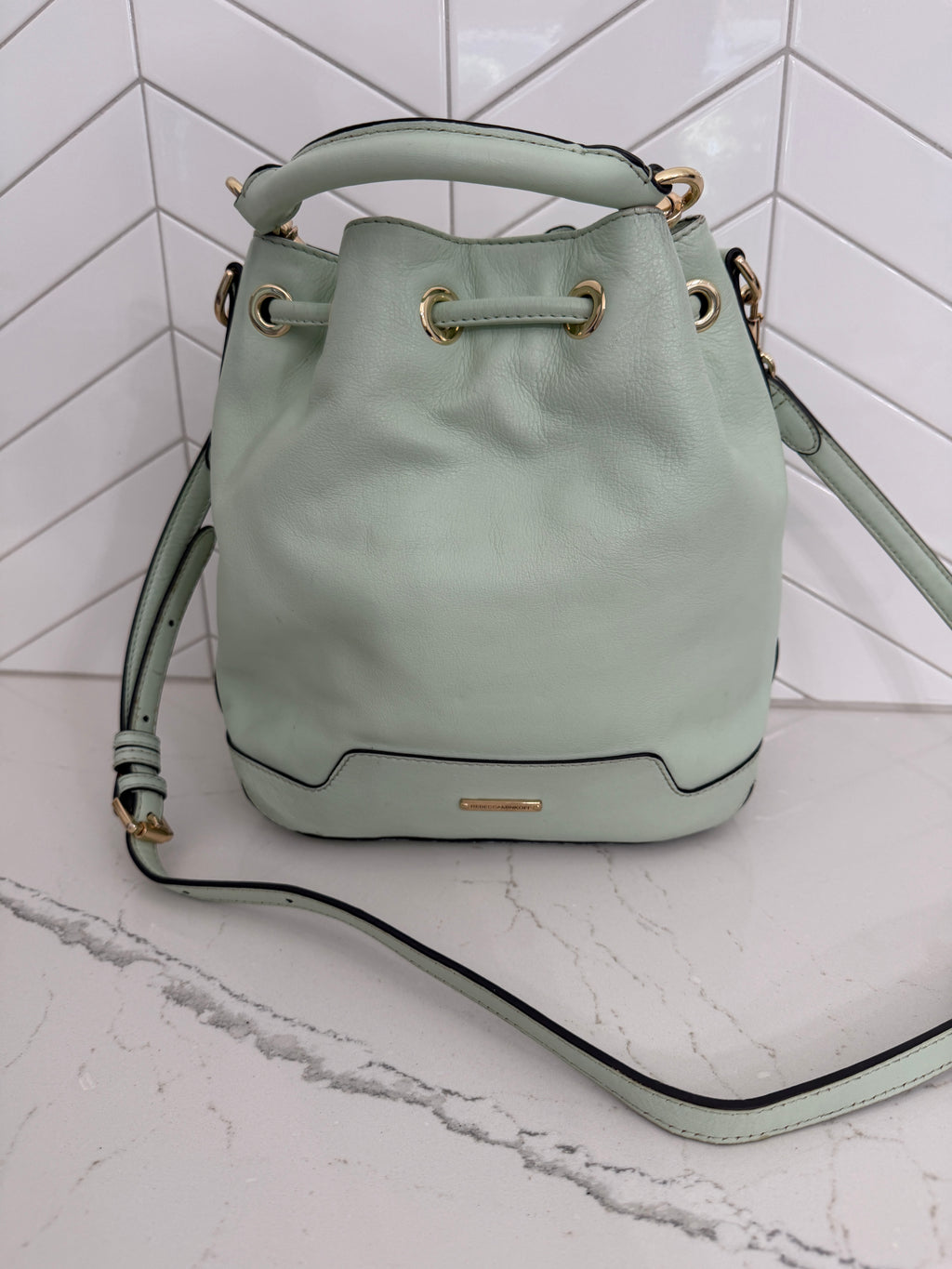 Rebecca Minkoff Pure Leather Women's Mint Green Leather Drawstring Bucket Bag