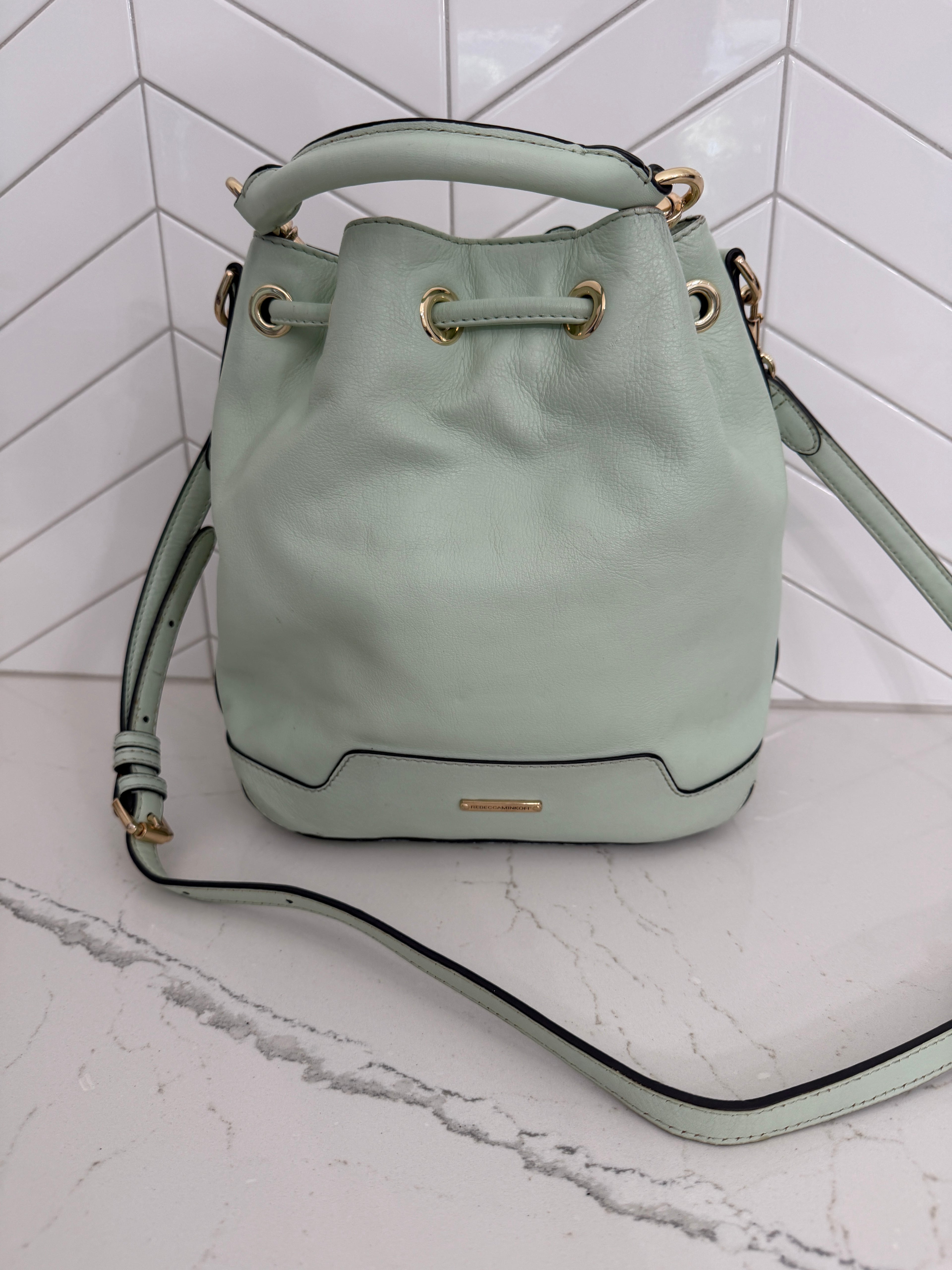 Rebecca Minkoff Pure Leather Women's Mint Green Leather Drawstring Bucket Bag